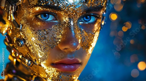 Futuristic cybernetic portrait with gold accents and blue eyes