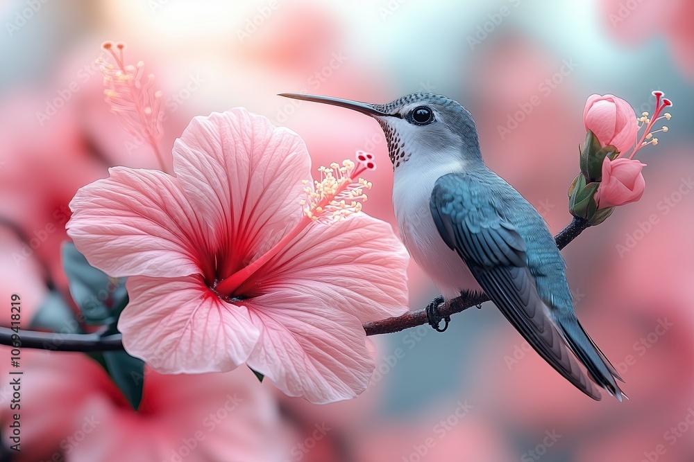 Naklejka premium Hummingbird perched on hibiscus flower in vibrant floral scene