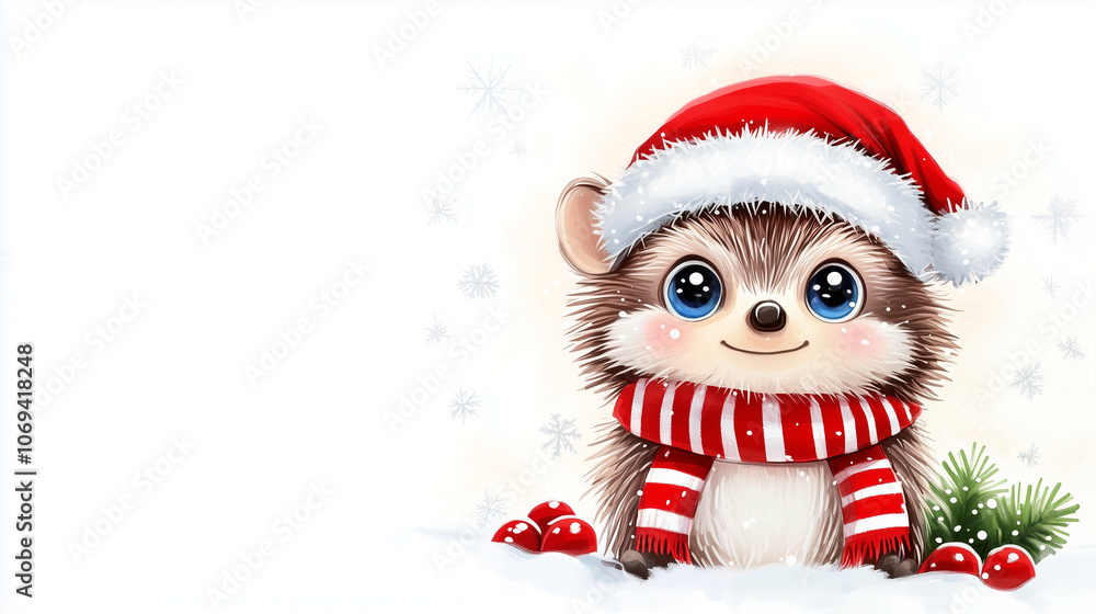 Hedgehog in Santa hat and scarf with holiday decorations and snow background Hedgehog in Santa hat and scarf with holiday decorations and snow background