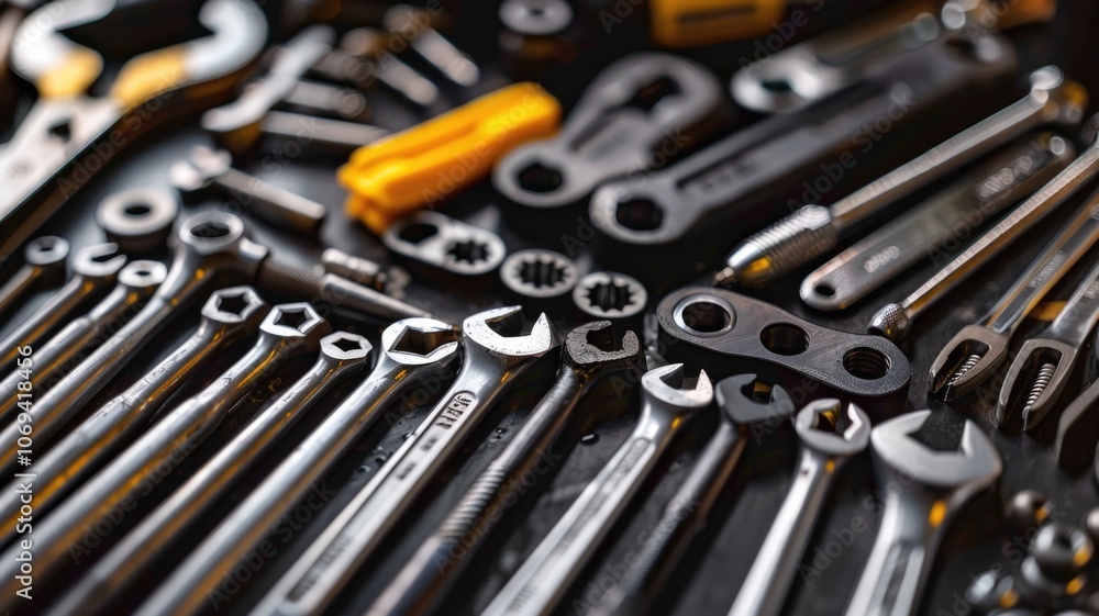 Fototapeta premium Assorted wrenches and tools on a workbench - perfect for workshop and diy projects