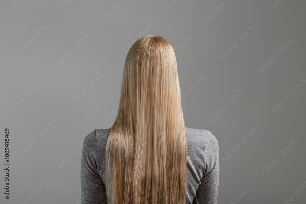 photo capturing the rear view of a stunning blonde woman with long, silky straight hair on a plain photo capturing the rear view of a stunning blonde woman with long, silky straight hair on a plain