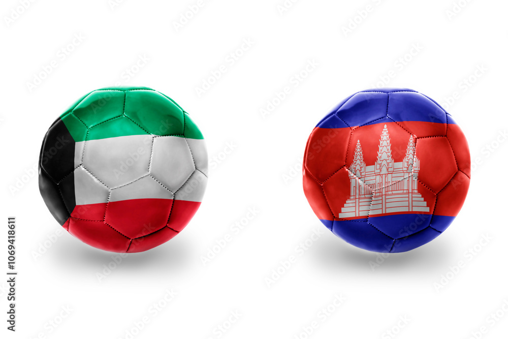 Fototapeta premium football balls with national flags of cambodia and kuwait ,soccer teams. on the white background.