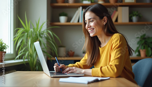 Woman Working from Home with a Smile