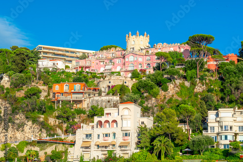 View from the sea of Le Château de l'Anglais the Englishman's Castle on Mount Boron in the hills above Nice, France, on the French Riviera.