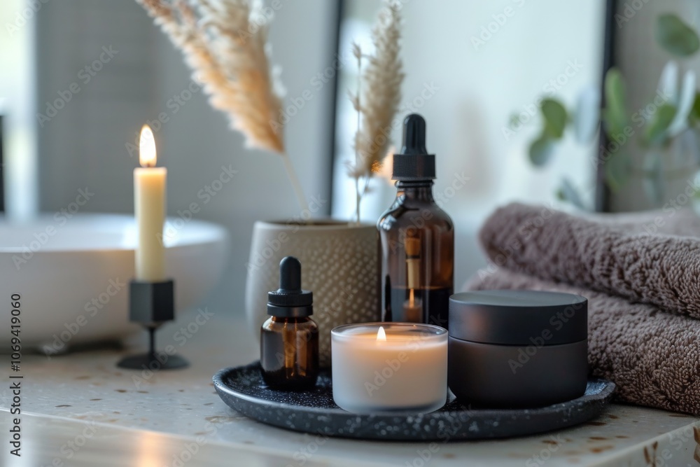 Eco-friendly waste bathroom concept featuring reusable cosmetic bottles, essential oil droppers Eco-friendly waste bathroom concept featuring reusable cosmetic bottles, essential oil droppers