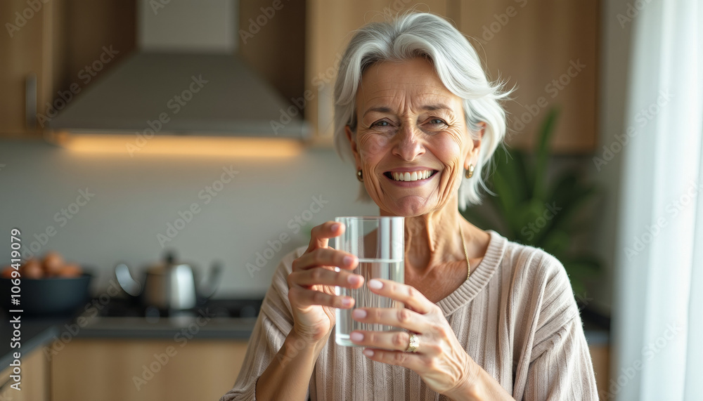 Smiling Senior Woman Enjoying Water in Kitchen Smiling Senior Woman Enjoying Water in Kitchen