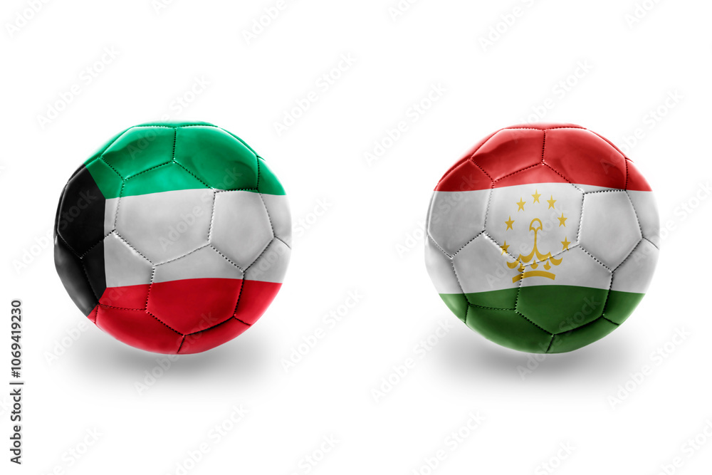 Fototapeta premium football balls with national flags of tajikistan and kuwait ,soccer teams. on the white background.