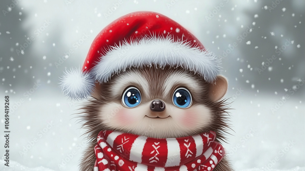 Cute hedgehog wearing Santa hat and scarf in winter snow landscape Cute hedgehog wearing Santa hat and scarf in winter snow landscape