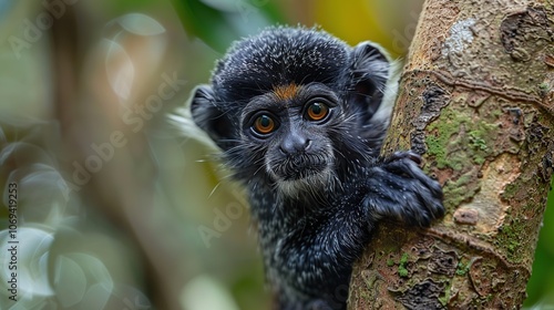 A black and white monkey with orange eyes looks directly at the camera while holding onto a tree trunk.