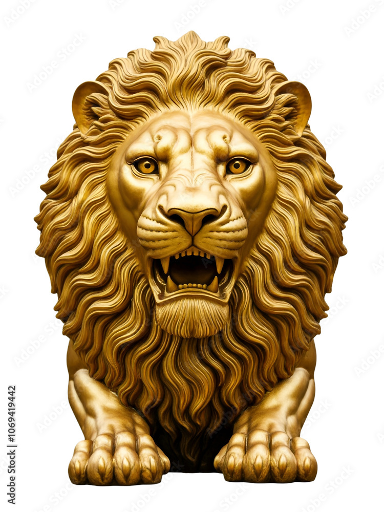 Golden statue of lion, a sculpture. Concept of a strength power and staying proud. 3D illustration Golden statue of lion, a sculpture. Concept of a strength power and staying proud. 3D illustration