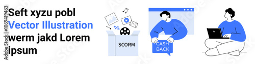 Three scenes person with laptop, SCORM file conversion, and cash back screen. Ideal for business, education, e-learning, marketing, technology, customer loyalty, digital transformation themes