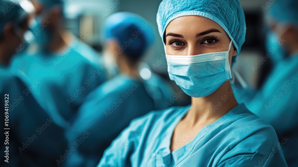 Female surgeon in scrubs and mask operating room with medical team background Female surgeon in scrubs and mask operating room with medical team background