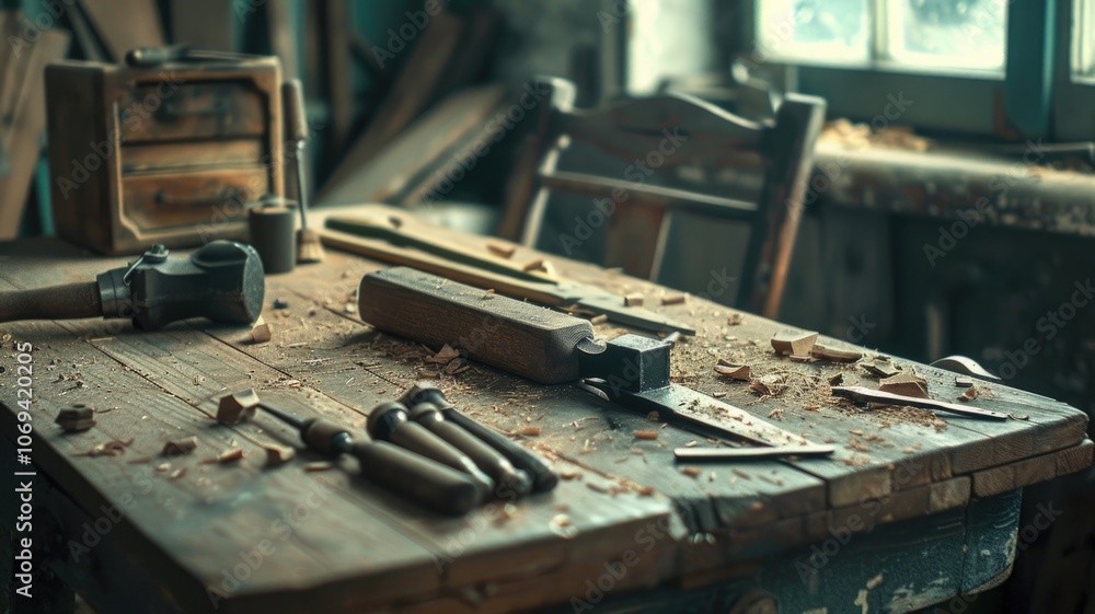 Rustic woodworking workshop with tools and handcrafted creations on wooden table Rustic woodworking workshop with tools and handcrafted creations on wooden table