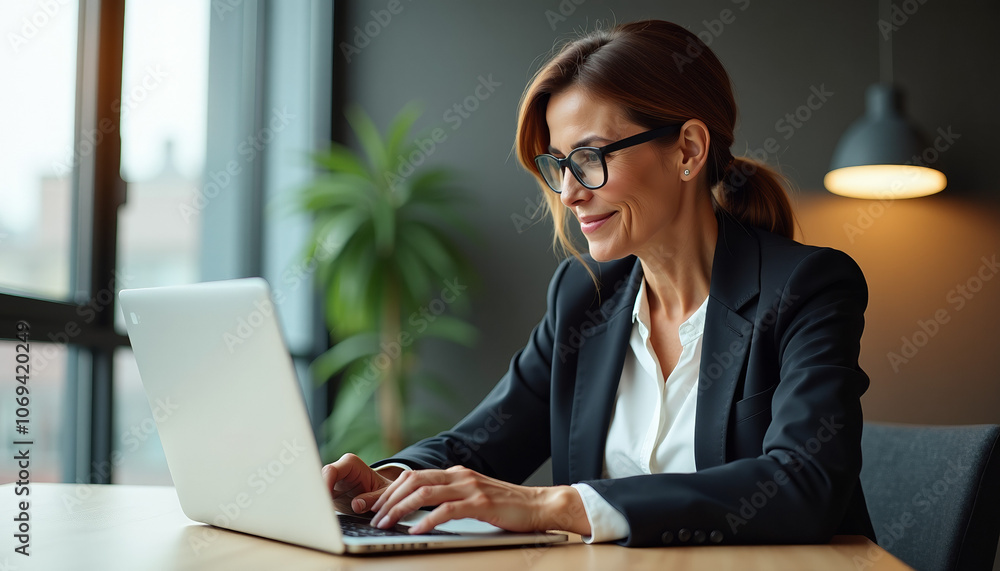 Confident Businesswoman Working on Laptop Confident Businesswoman Working on Laptop