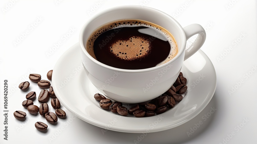 A cup of coffee with heart-shaped foam and coffee beans. A cup of coffee with heart-shaped foam and coffee beans.