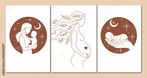 Motherhood, babies, and pregnant women logo design vector illustration.