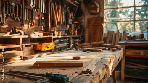 Sunlit workshop with wooden workbench and tools in an artisan's space