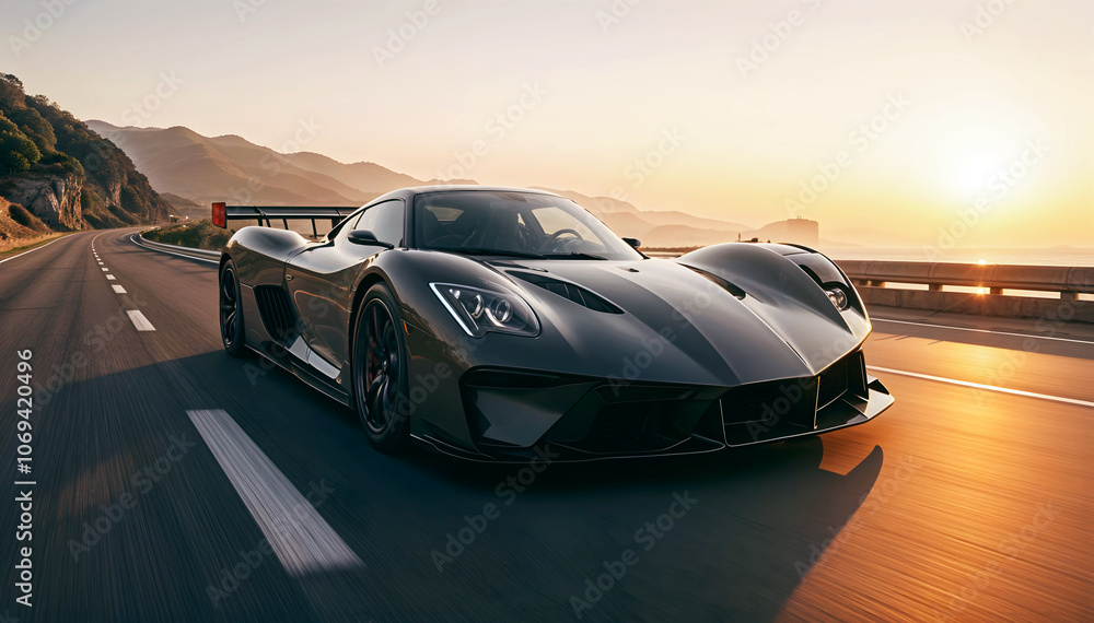 Beautiful modern sport car driving fast on scenic road at sunset , automotive background, tuning template, auto transport