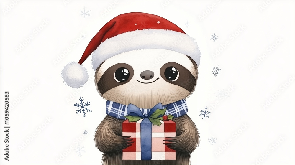 Sloth wearing a Santa hat holding a gift box with a cute expression and holiday decorations Sloth wearing a Santa hat holding a gift box with a cute expression and holiday decorations