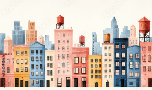 Vibrant Cityscape Illustration with Colorful Buildings and Water Towers