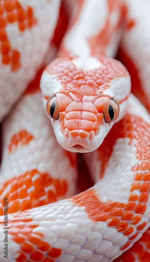 Curled red and white corn snake on a lunar new year 2025 background with ample copy space Curled red and white corn snake on a lunar new year 2025 background with ample copy space