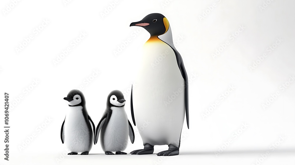 Fototapeta premium Cute 3D penguin family design on white backdrop picture