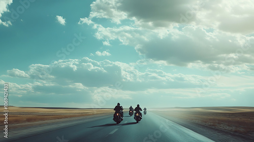 A group of motorcyclists traveling together, A group of bikers riding a high-speed motorcycle on an empty road against a beautiful cloudy sky