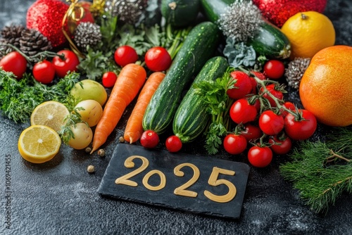 Healthy food selection celebrating new year 2025 with seasonal vegetables and fruits photo