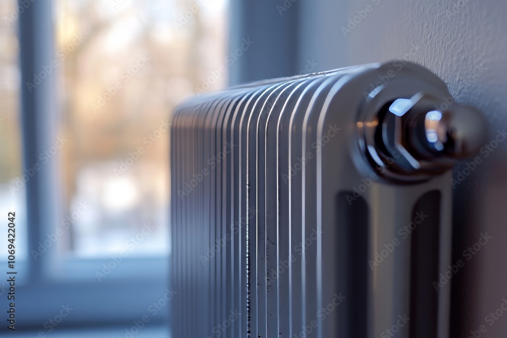 Closeup of a modern radiator essential component of home heating for winter comfort Closeup of a modern radiator essential component of home heating for winter comfort