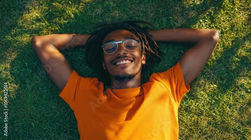Relaxation in the park: person enjoying a sunny day on the grass