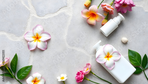 Spa setting from body care and beauty threatment products with flowers on stone background top view. Healthy and wellness concept. Flat lay isolated with white highlights, png photo