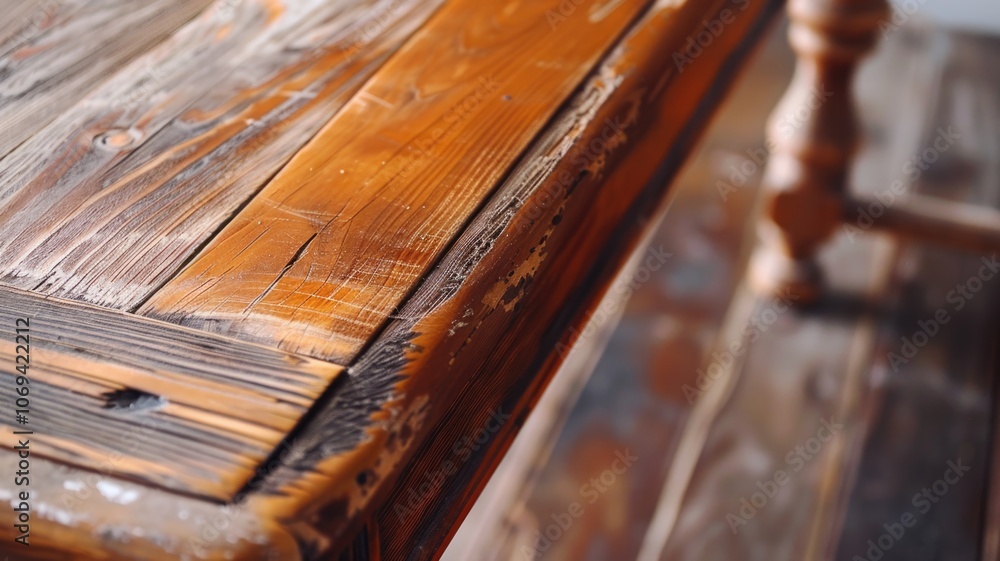 Obraz premium Rustic wooden table close-up with textured surface and natural grain patterns