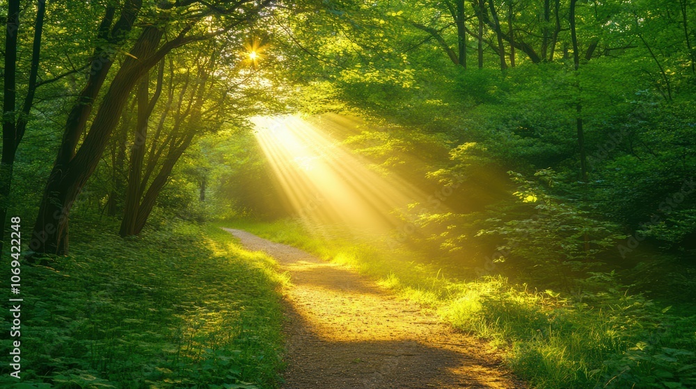 Fototapeta premium Tranquil pathway with sunlight streaming through lush green trees