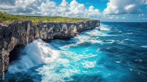 Dramatic coastal cliffside beauty with crashing waves on a sunny day