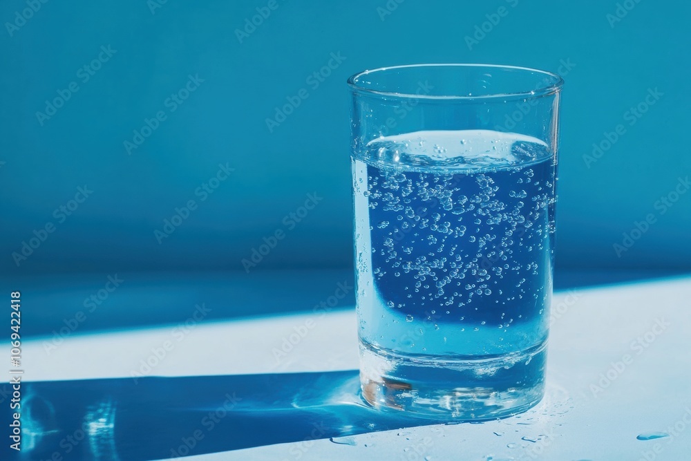 Glass of sparkling water with bubbles on blue background Glass of sparkling water with bubbles on blue background