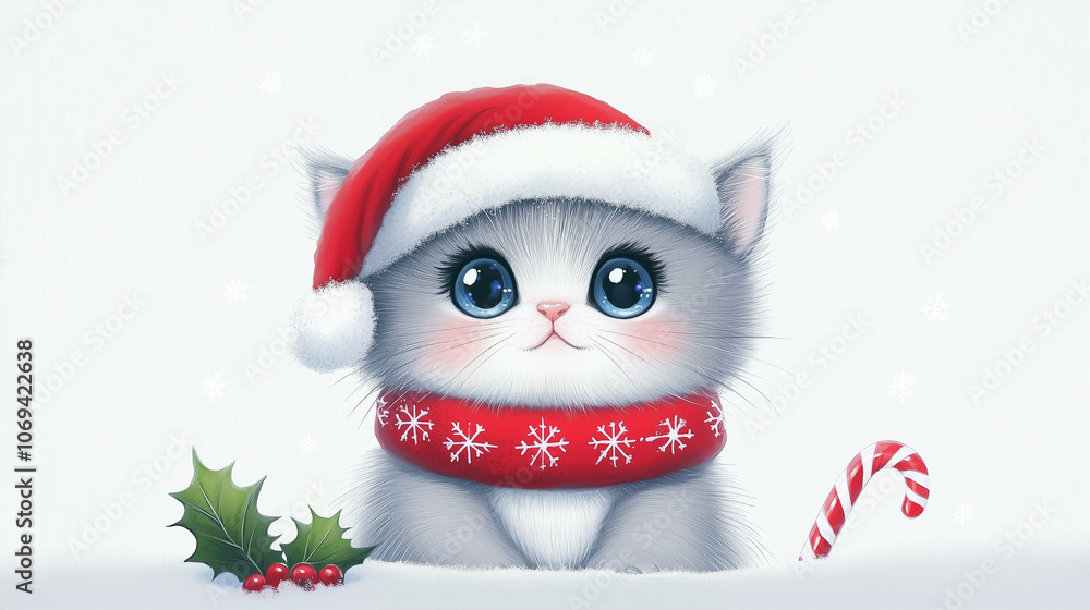 Cute cat wearing Christmas hat and scarf with candy cane surrounded by holiday decorations Cute cat wearing Christmas hat and scarf with candy cane surrounded by holiday decorations