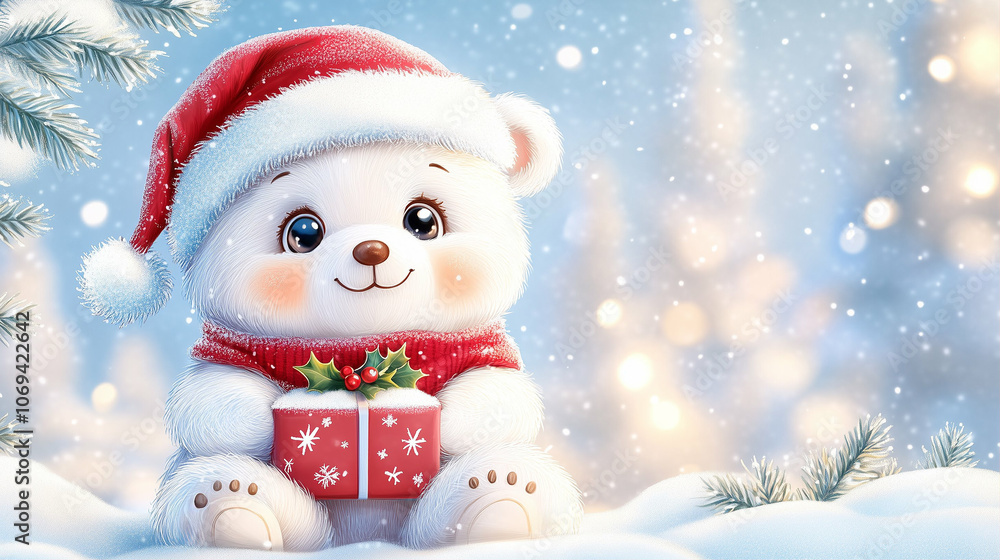 Polar bear in a Christmas hat holding a gift in a snowy background with soft focus and festive lights Polar bear in a Christmas hat holding a gift in a snowy background with soft focus and festive lights