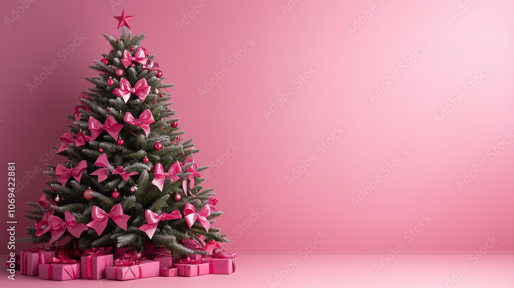 Christmas tree decorated with many bows and gift boxes in pink theme on isolated background with copy space Christmas tree decorated with many bows and gift boxes in pink theme on isolated background with copy space