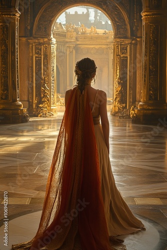 A powerful scene of Esther standing before King Xerxes in a grand palace hall, poised and regal in her elegant attire, courageously interceding for her people amidst opulent surroundings.

