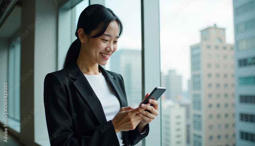 Smiling Businesswoman using Smartphone in Office Smiling Businesswoman using Smartphone in Office