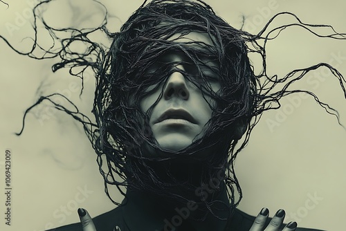 A monochromatic portrait of a person with their face obscured by stringy hair.