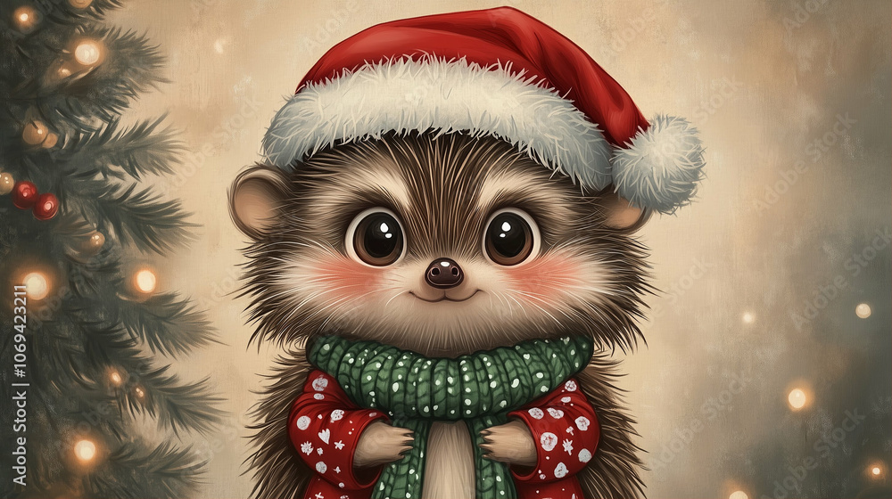 Hedgehog in Santa hat with scarf by holiday tree adorable cute festive animal Hedgehog in Santa hat with scarf by holiday tree adorable cute festive animal
