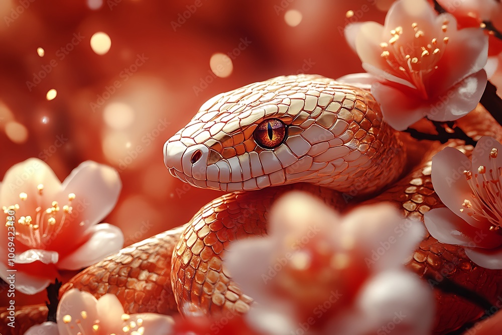 A golden snake amidst vibrant red and orange flowers A golden snake amidst vibrant red and orange flowers