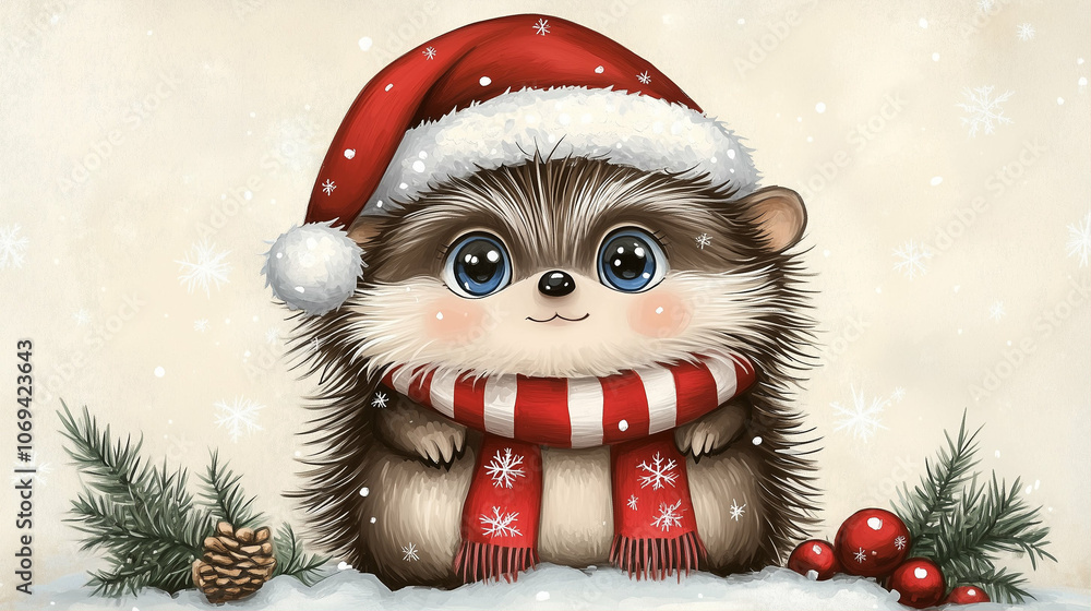 Hedgehog wearing Santa hat and scarf in winter wonderland festive cute animal with snow and holiday decor Hedgehog wearing Santa hat and scarf in winter wonderland festive cute animal with snow and holiday decor