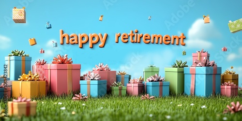 panoromic happy retirement card, huge text with colourful gift boxes placed on grass under blue sky, for retiring coworker party celebration at workplace photo