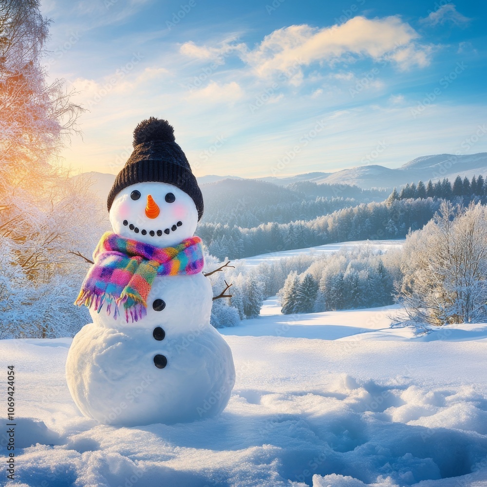Fototapeta premium Panoramic View of a Happy Snowman in a Winter Christmas Wonderland
