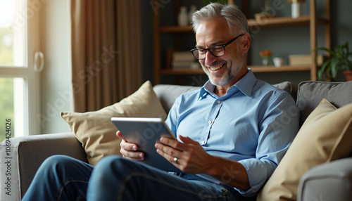 Man Relaxing at Home with Tablet