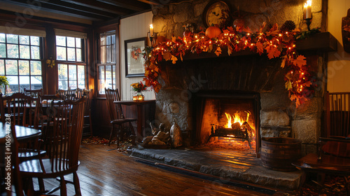 A village inn with a traditional stone fireplace and Thanksgiving garlands on the mantel.A village inn with a traditional stone fireplace and Thanksgiving garlands on the mantel. photo