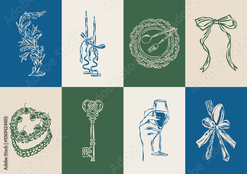 Minimalist Dolce Vita vector illustration collection. Art for greeting cards, wedding invitations, poster design, postcards, branding, logo design, background. Matisse style doodles.