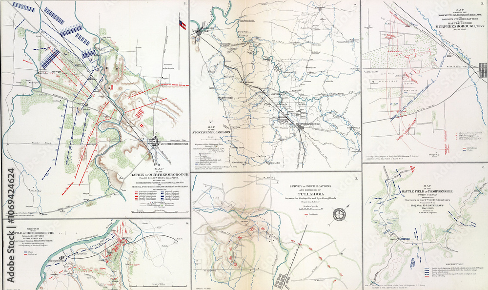 Collection of antique civil war battle maps showing troop movements Collection of antique civil war battle maps showing troop movements